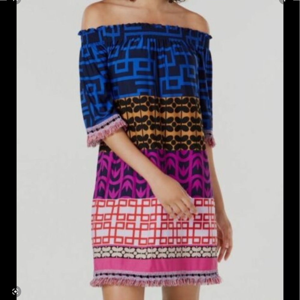 $288 Trina Turk Women's Blue Geo-Printed Off-The-Shoulder Shift XL